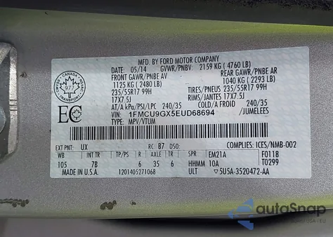 2014 Ford Escape Se z USA, uszkodzony, nr VIN 1FMCU9GX5EUD68694